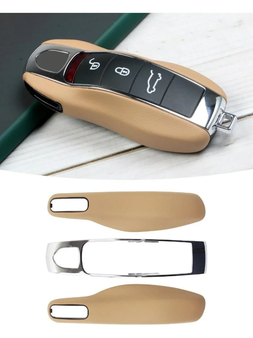 Luxor Beige Leather Key Fob Cover & Keychain for Luxury Cars, Key Accessories